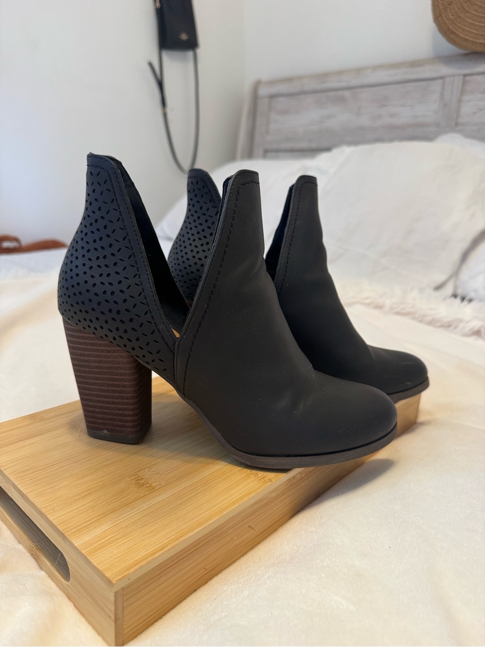 Call It Spring Black Perforated Cutout Block Heel Ankle Booties